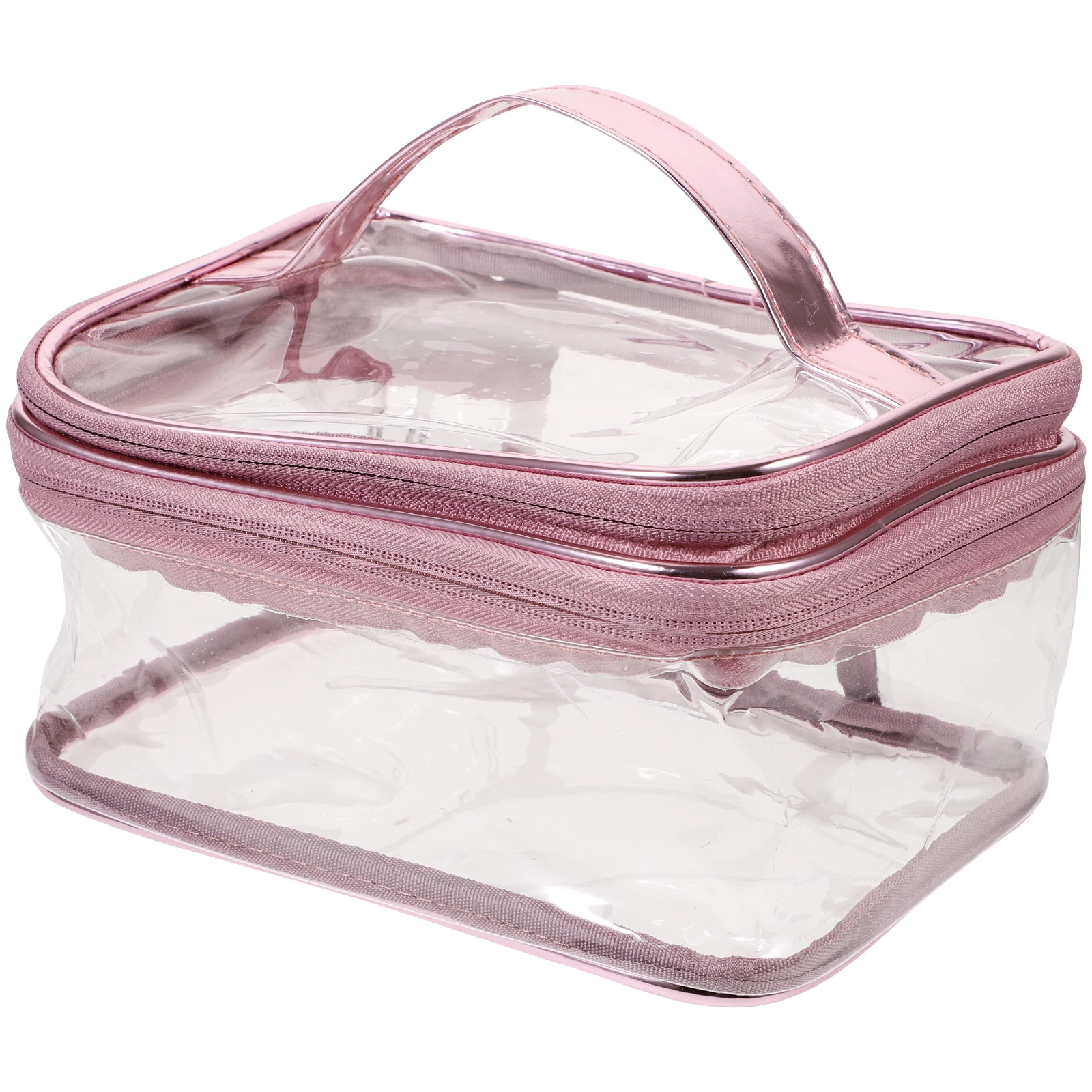 

PVC PU Aluminum Alloy Clear Bag Large Pink Waterproof Makeup Storage Travel Toiletry Organizer Container
