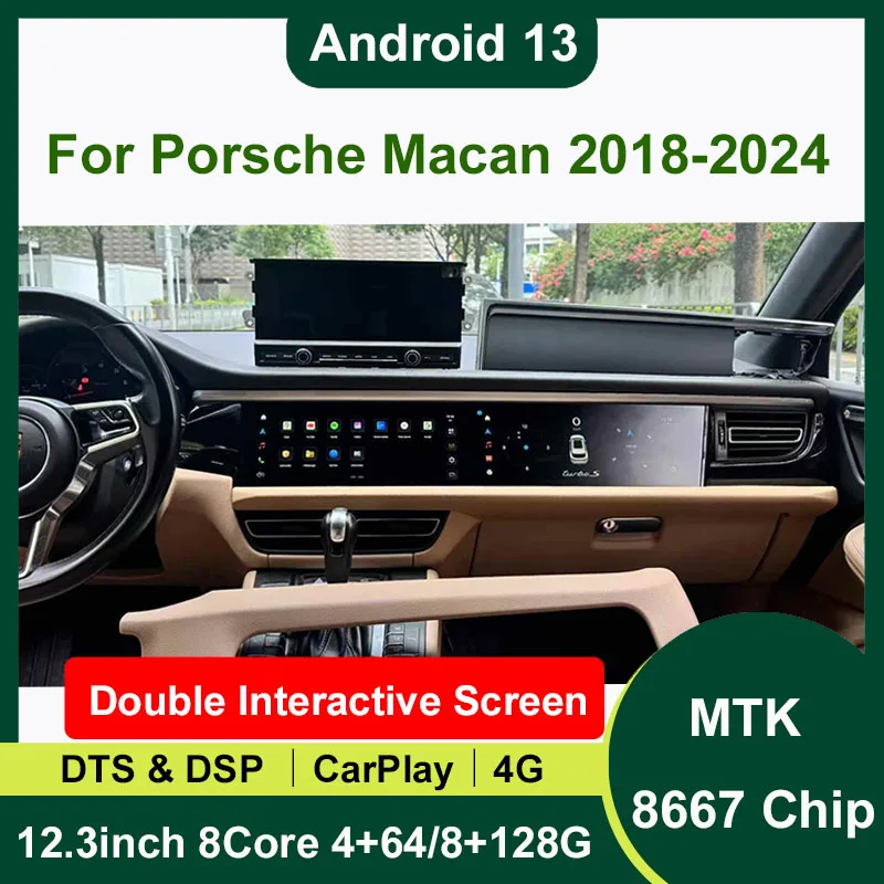 

Автомобильный радиоприемник с двойным интерактивным экраном Android 13 8 + 128G для Porsche Macan 2018-2024, автомобильная мультимедийная стереосистема DSP 360, навигация