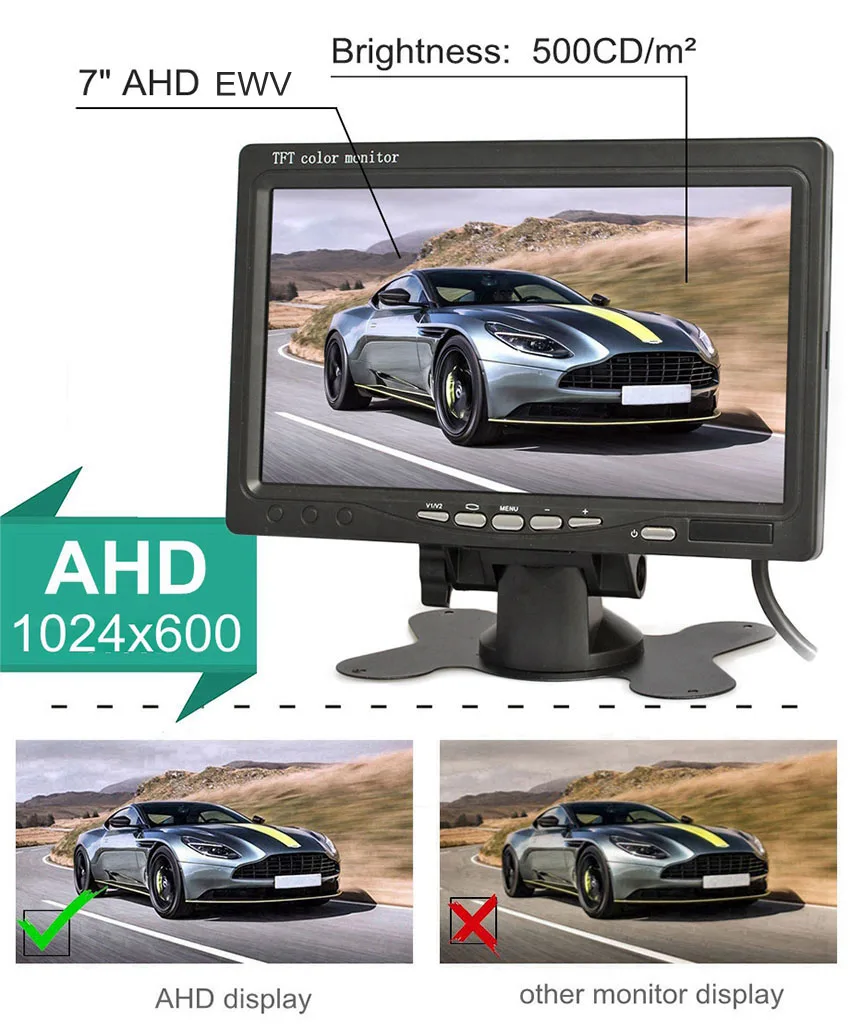 SMALUCK 7inch AHD EWV 1024x600 Car Monitor Rear View Monitor Max Support 1080P AHD Camera 2 x 4PIN Video Input