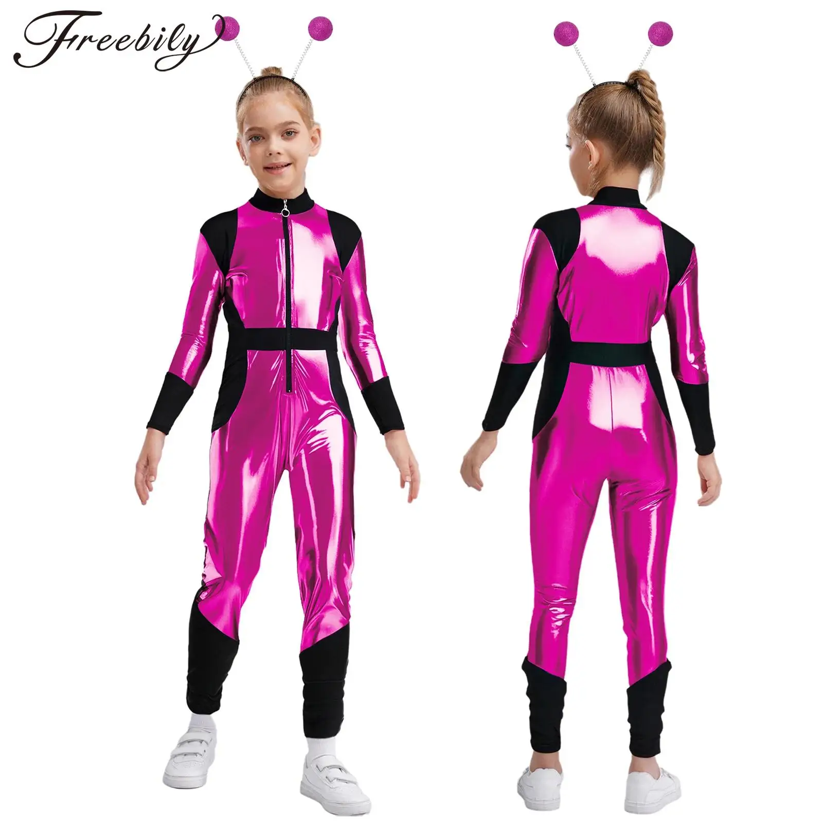 

Children Girl Halloween Outer Space Alien Robot Cosplay Costume Long Sleeves Shiny Metallic Zipper Bodysuit with Alien Hair Hoop