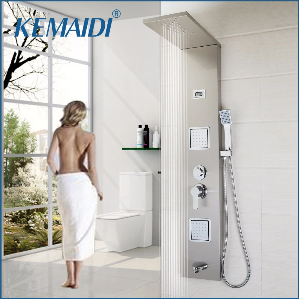 

KEMAIDI Bathroom Shower Panel Faucet Digital Display Mixer Rainfall Shower Systerm w/ Body Massage Jet Bath Shower Column