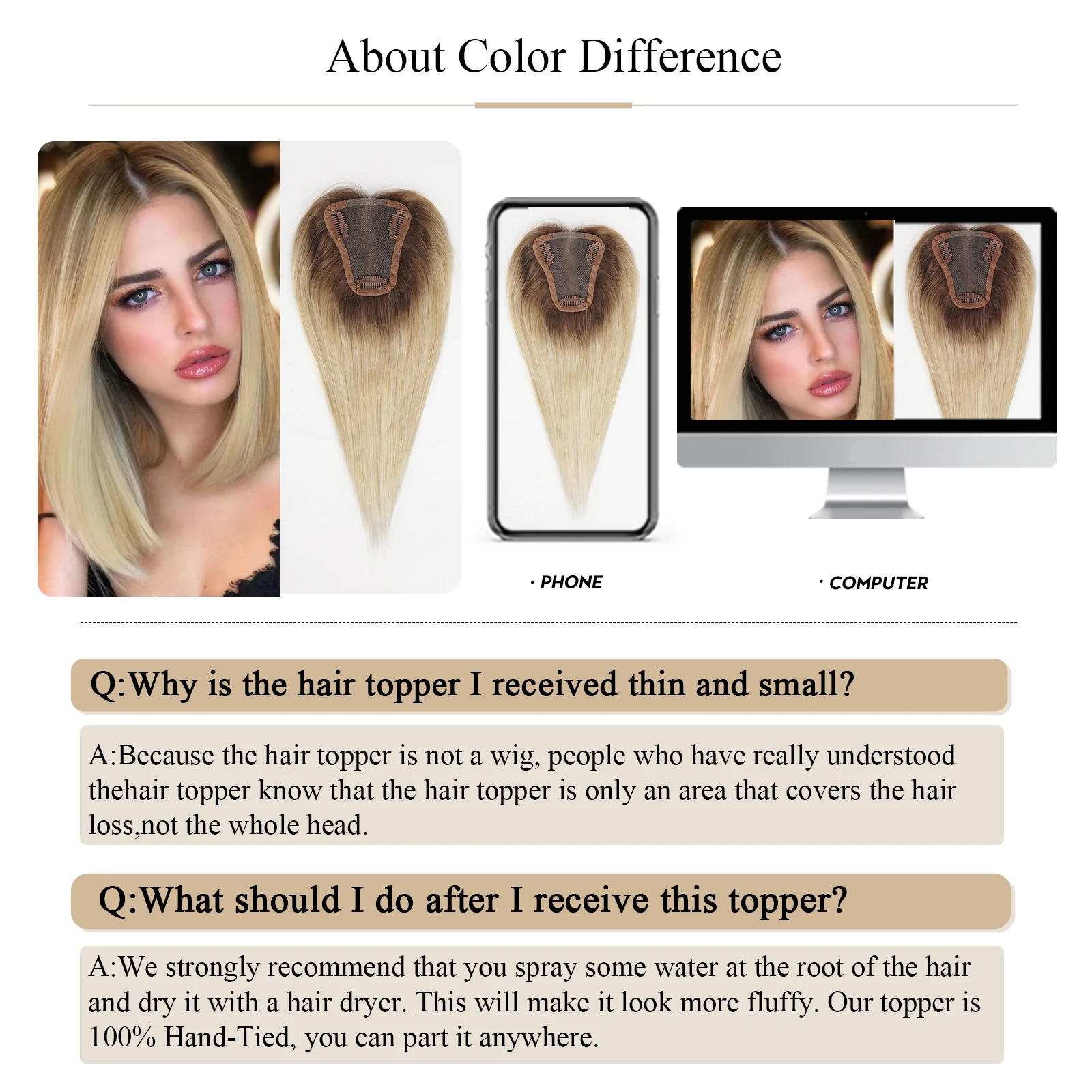 100% Remy Human Hair Toppers Ombre Blonde Hairs Topper Silk Base Clip Pieces in Hair Extension for Women with Thin Hair 10/12/14