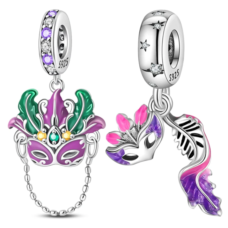Abalorio de máscara de fiesta de Plata de Ley 925, colgante de baile compatible con pulseras de dijes de 4MM de diámetro, regalo de joyería DIY para mujer