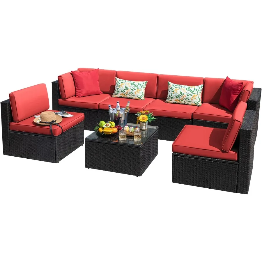 

7 Pieces Outdoor Sectional Sofa Patio Furniture Sets Manual Weaving Wicker Rattan Patio Conversation Sets with Cushion and Glas