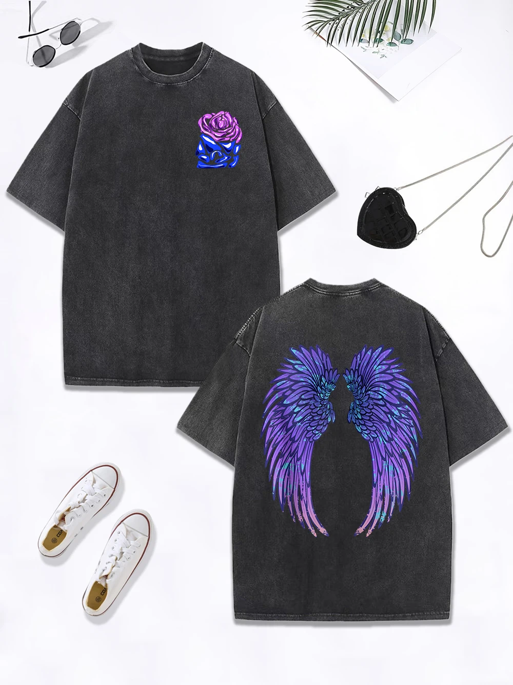 Cool Purple Creative Wings Rose Stampe T-shirt lavata T-shirt oversize in cotone da donna Top con o-collo invecchiato Abiti estivi da donna