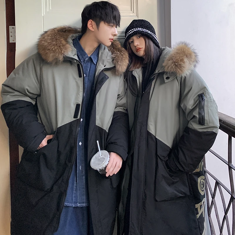 Winter Hooded Letter printing Big Raccoon Fur Collar Down Jackets Men / Women Overcoat Splicing design Thick Outdoor Snow Coat