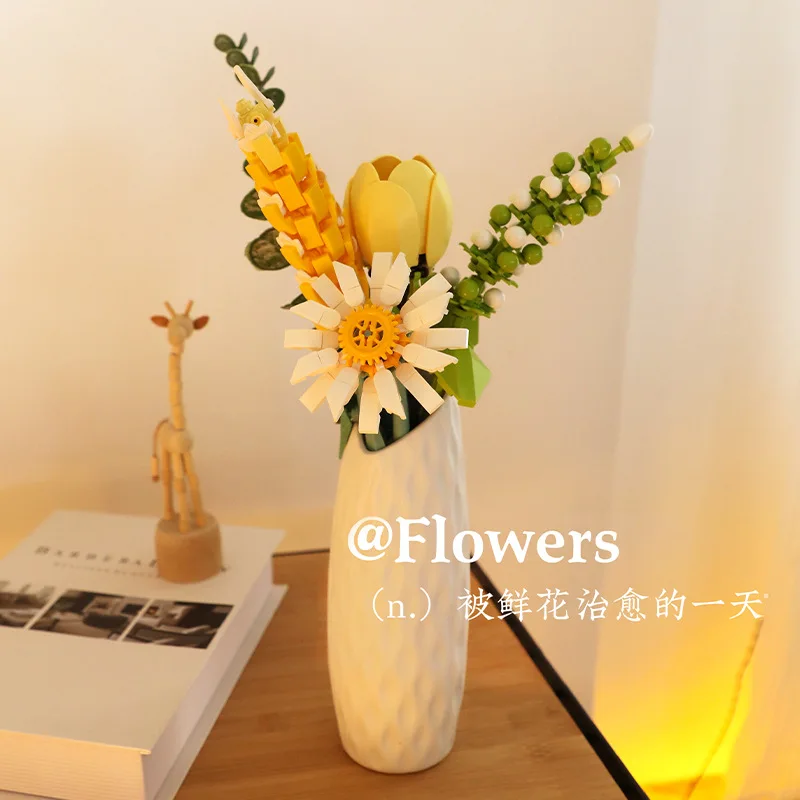 مكعبات بناء سلسلة الزهور المجمعة لعبة الحلي DIY محاكاة نموذج زهرة الزنبق الوردي لهدايا العيد للفتيات