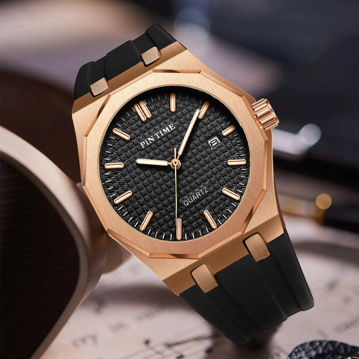 Luxury Men Watch Dodecagon Case Stainless Steel Quartz Wristwatch Rubber Strap Waterproof Luminous Hand relogios masculino