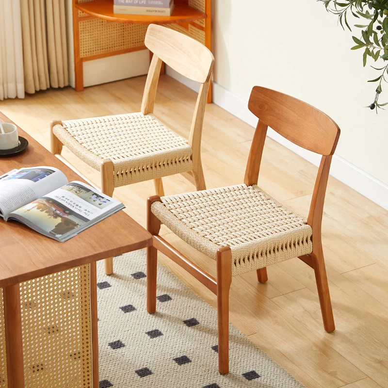 

Wabi-Sabi Solid Wood Woven Dining Chair, Japanese Style Natural Wood Seat, Home Backrest Chair, Vintage Makeup Stool