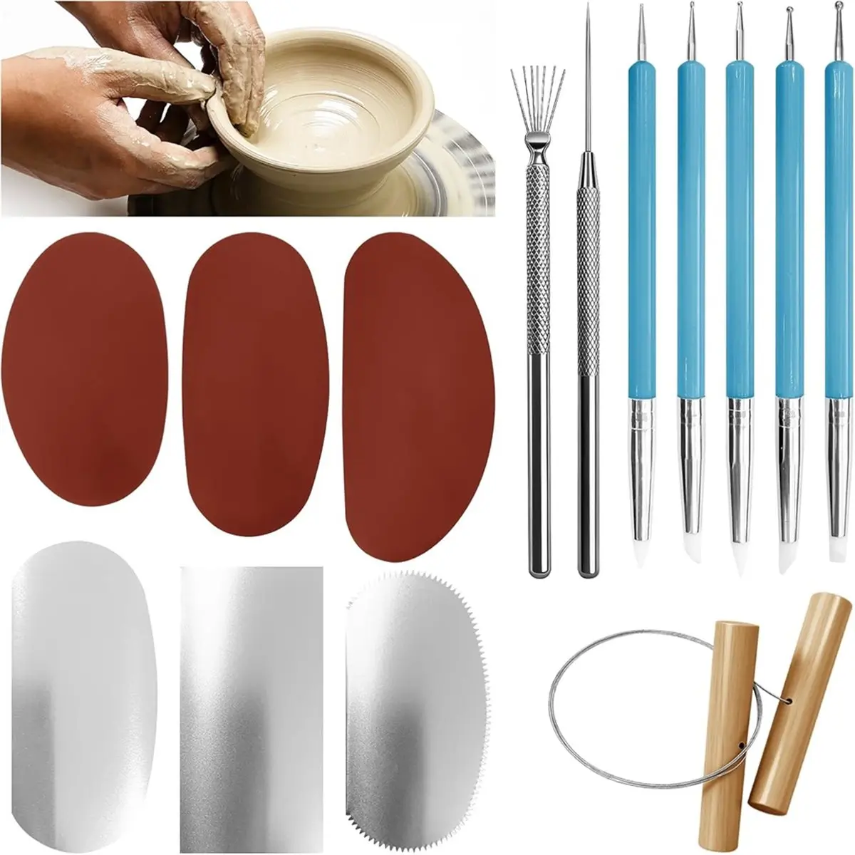 DT35BG 14 Pcs Pottery Clay Sculpt Tools, Silicone and Stainless Steel Squeegee for Sculpting Texturing Artists Modeling Potter