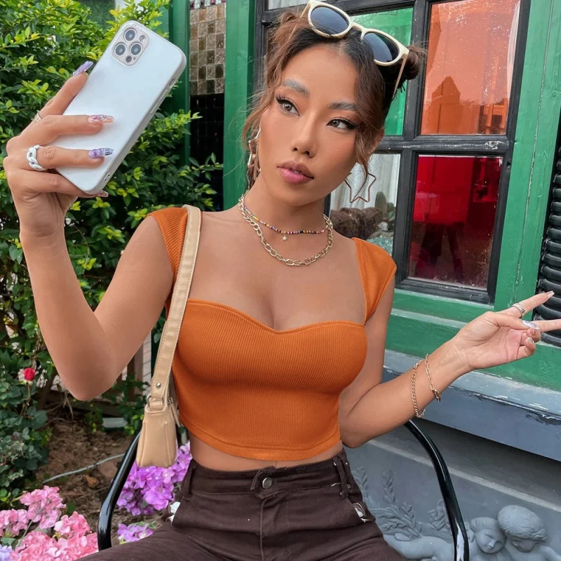 2026New European and American women's fashion, internet celebrity style, slim-fit, square-neck, ultra-short, sleevelessTT-shirt,