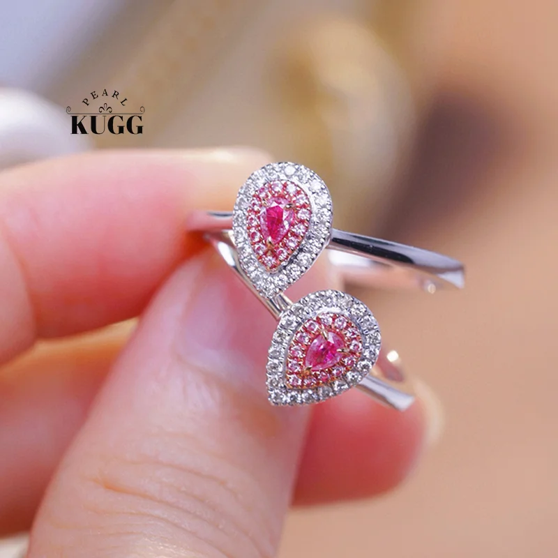 KUGG 18K White Gold Rings Classic Water Drop Design Real Natural Pink Diamond Engagement Ring for Women High Wedding Jewelry