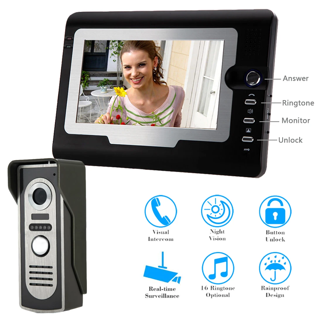 

hot 7" video intercom system doorbell night vision IR 700tvl door camera waterproof unlock for home apartment video door phone