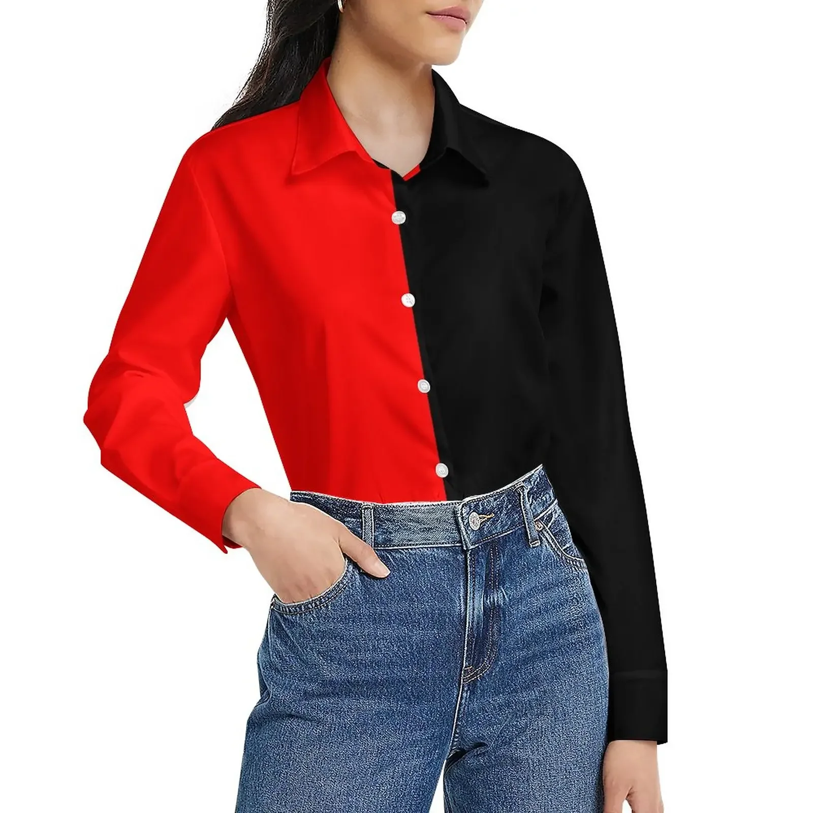 

Two Tone Blouse Long Sleeve Red and Black Pretty Blouses Womens Street Wear Oversized Shirts Design Tops Gift