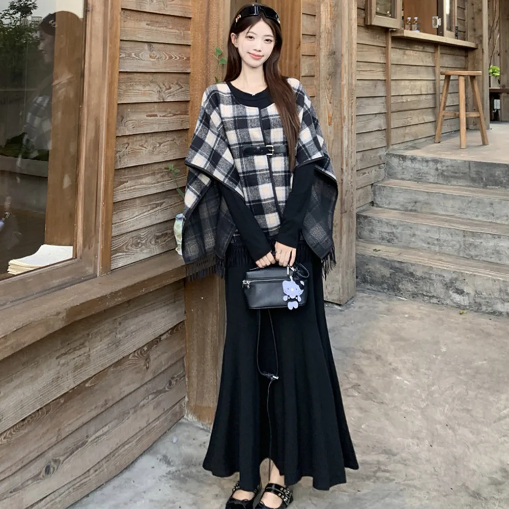 

Зимний комплект больших размеров: вязаный жакет и длинные брюки в клетку с высокой талией в корейском стиле