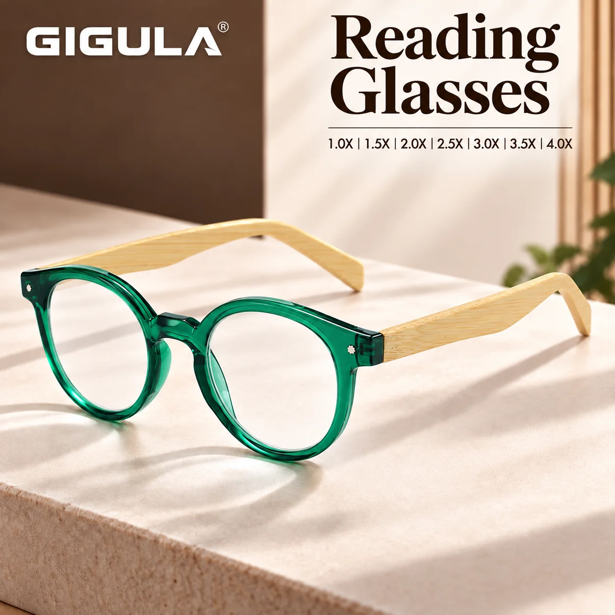 Round Reading Glasses for Women Transparent Green Frame Wooden Texture Temple Blue Light Filter Presbyopia Eyeglasses +1.0~+4.0