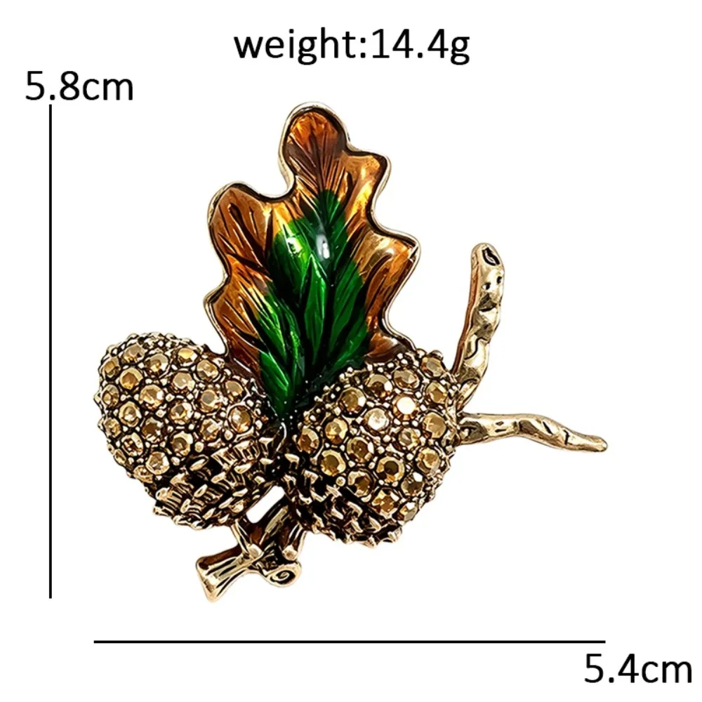 Vintage Rhinestone Acorn Oak Leaf Brooch, Retro Enamel Leaf Branch Lapel Pin, Autumn Plant Badge Coat Scarf Decor Jewelry Gift view 6