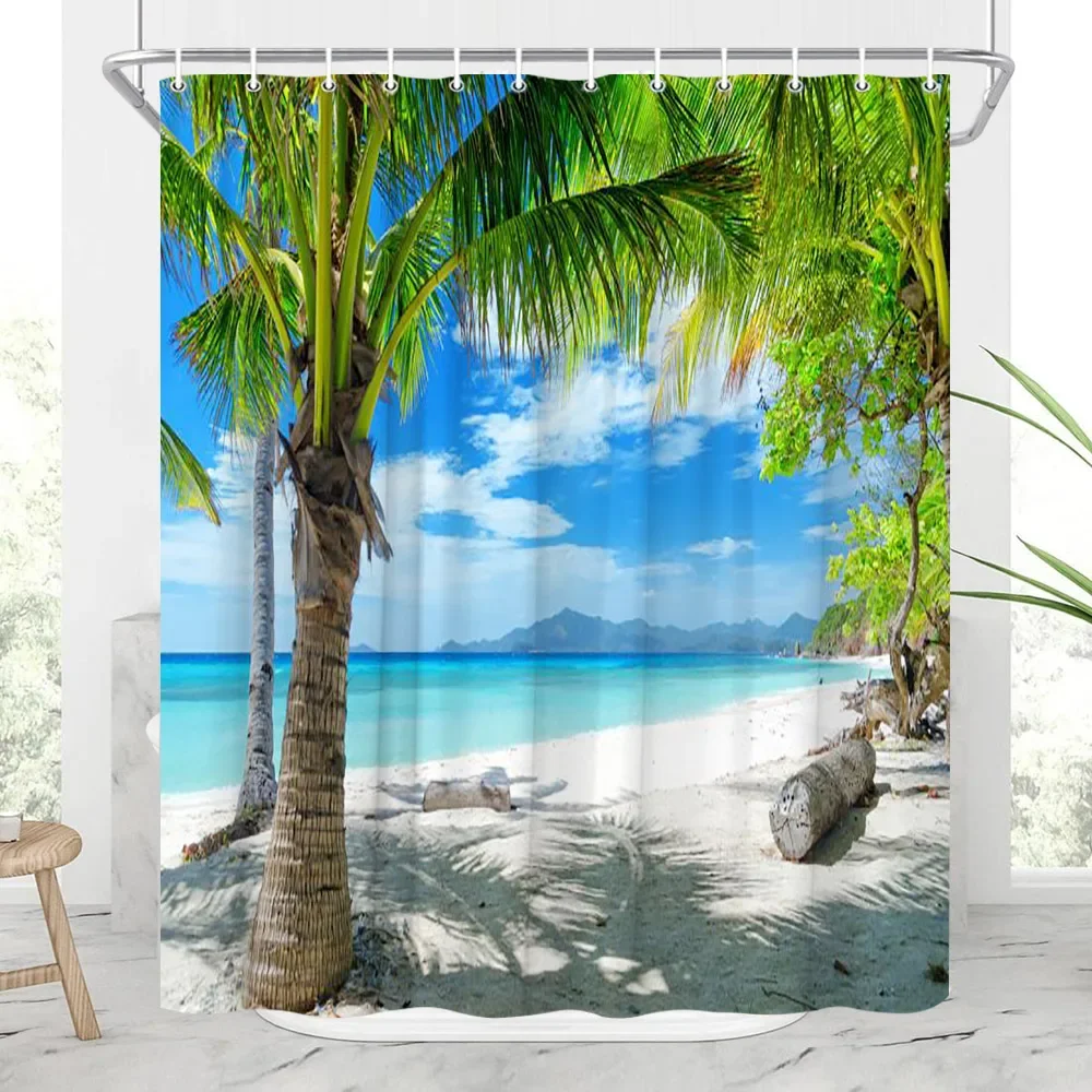 Seaside Landscape Outdoor Shower Curtain Ocean Beach Tropical Plants Nature Landscape Faux Window Hanging Curtain Bathroom Decor