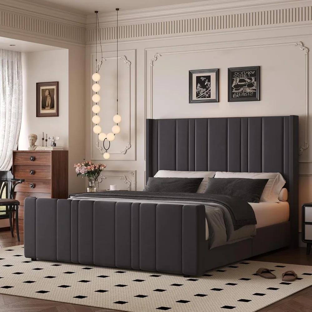 

Queen Bed Frame Upholstered Bed with Velvet Headboard & Footboard, Vertical Channel Tufted Design/Wooden Slats/Noise Free