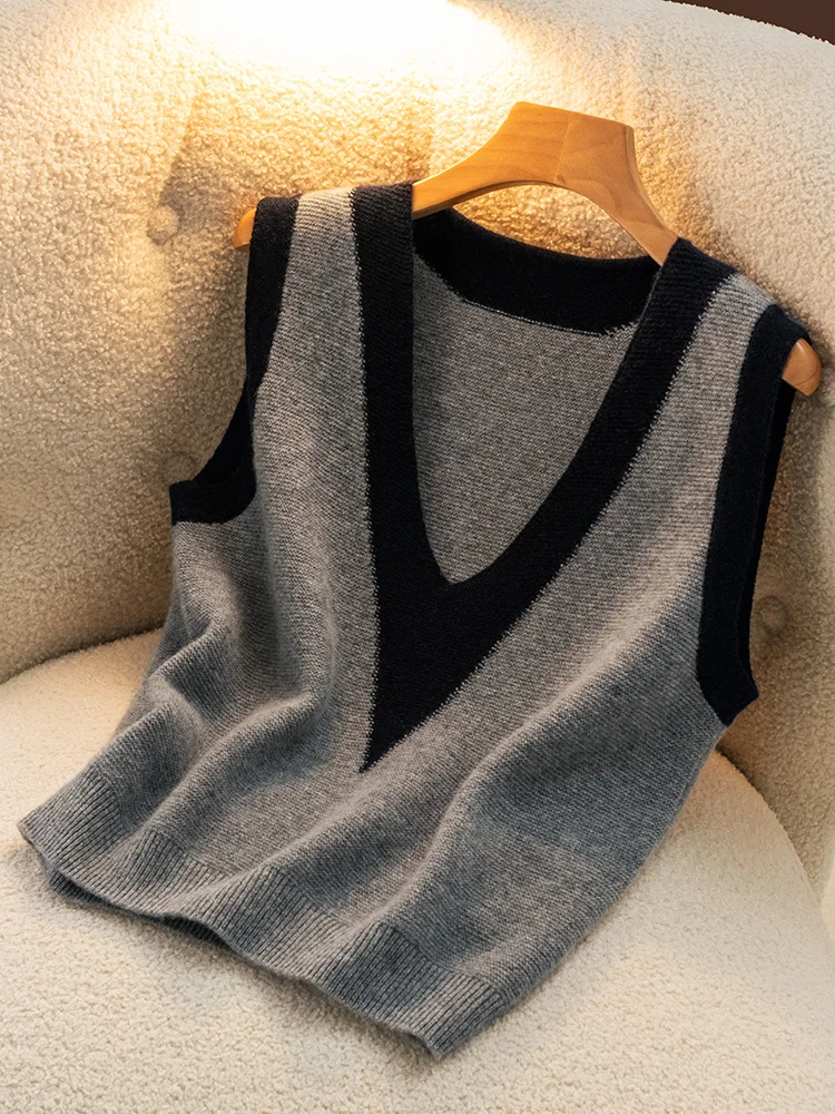 CHICUU Autumn Winter Women Wool Waistcoat V-neck Sleeveless Pullover Sweater 100% Merino Wool Knitwear Basic Cashmere Sweater