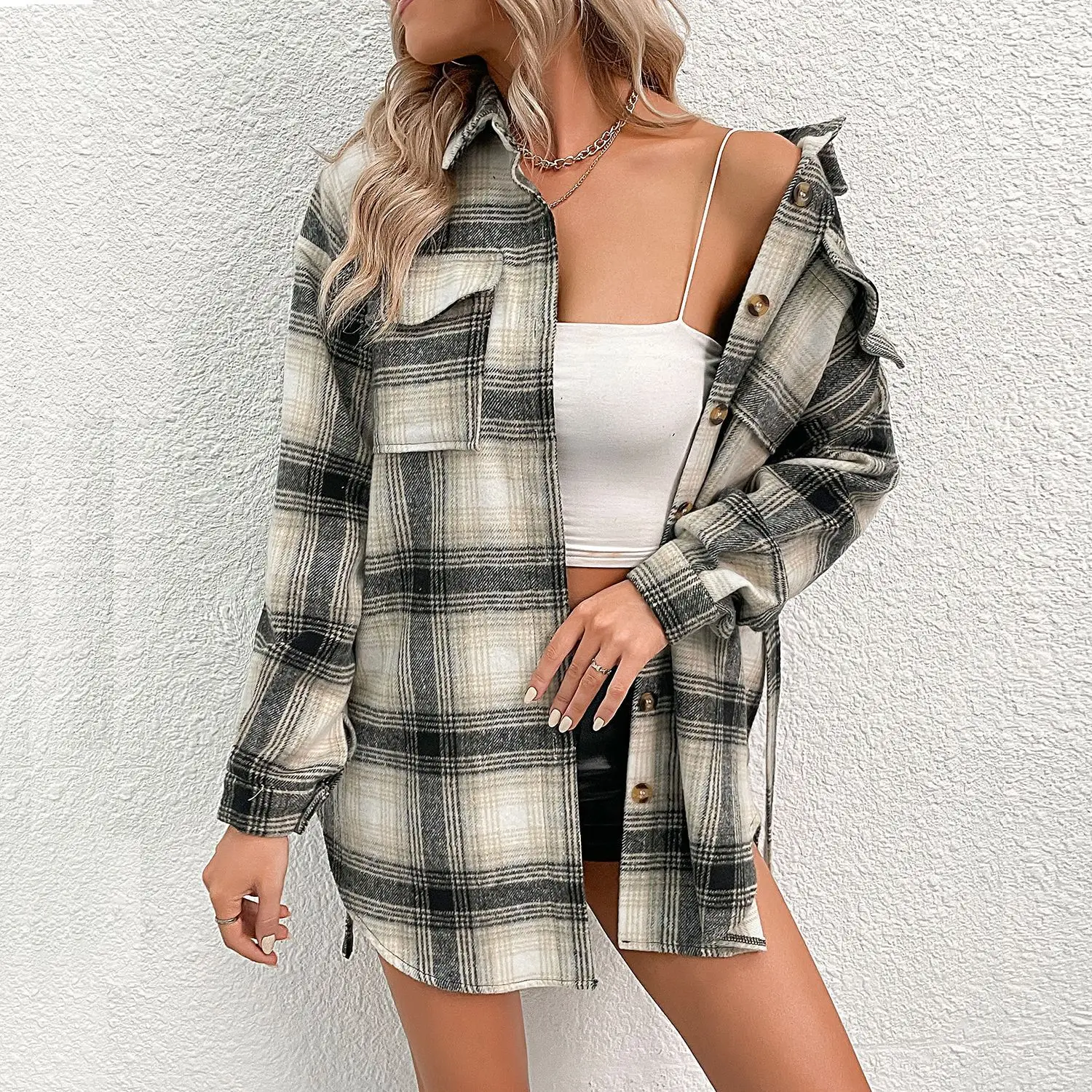 Women's Autumn and Winter Checkered Cardigan Vintage Woolen Lapel Jacket for Women