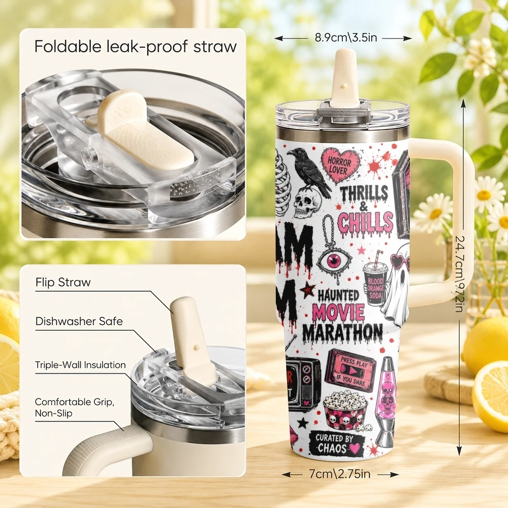 Horror Film Design Vacuum Flasks 40oz Stainless Steel Tumbler with Handle Straw Lid Vacuum Insulated Double Wall Leak Proof