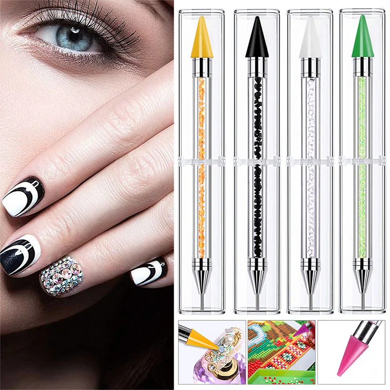 Nail Art White Dual-head Wax Pen With Diamante Embellishment And Rhinestone Picker, Crystal Rhinestone Applicator Tool