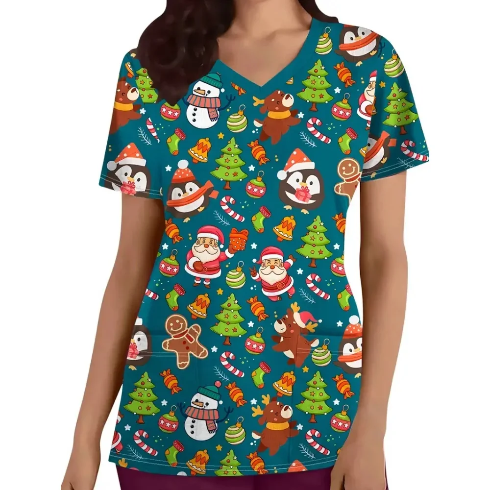 عيد الميلاد فرك الطبية امرأة الصيف الكرتون نمط طباعة الخامس الرقبة قصيرة الأكمام الملابس الطبية للنساء موضة ممرضة موحدة