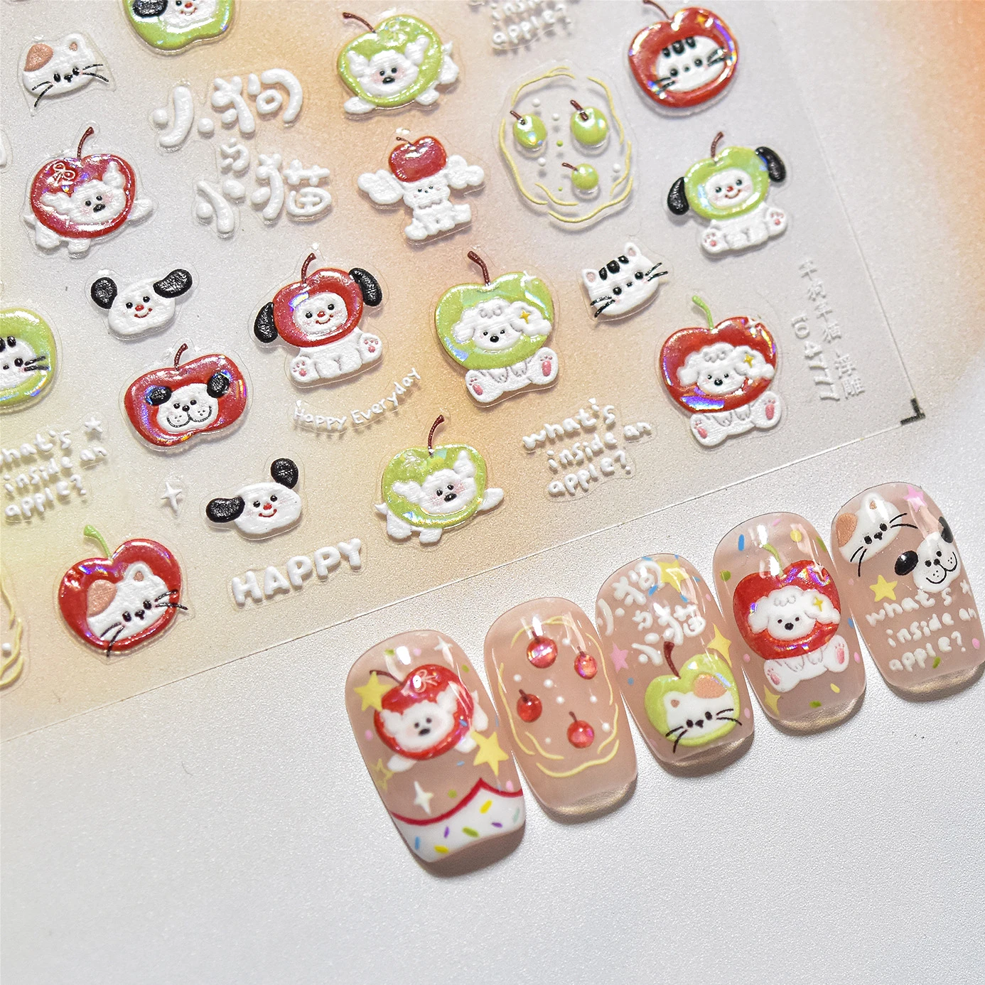 Cute Cat Kitten Dog Puppy Apple Star English Letter Happy Every Embossment Self Adhesive Nail Art Stickers Shiny Manicure Decals