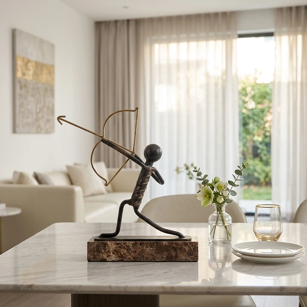 Abstract Dark Bronze Metal Marble Archery Art Sculpture Modern Luxury Shooter Statue Marble Base Desktop Decor Ornament Craft
