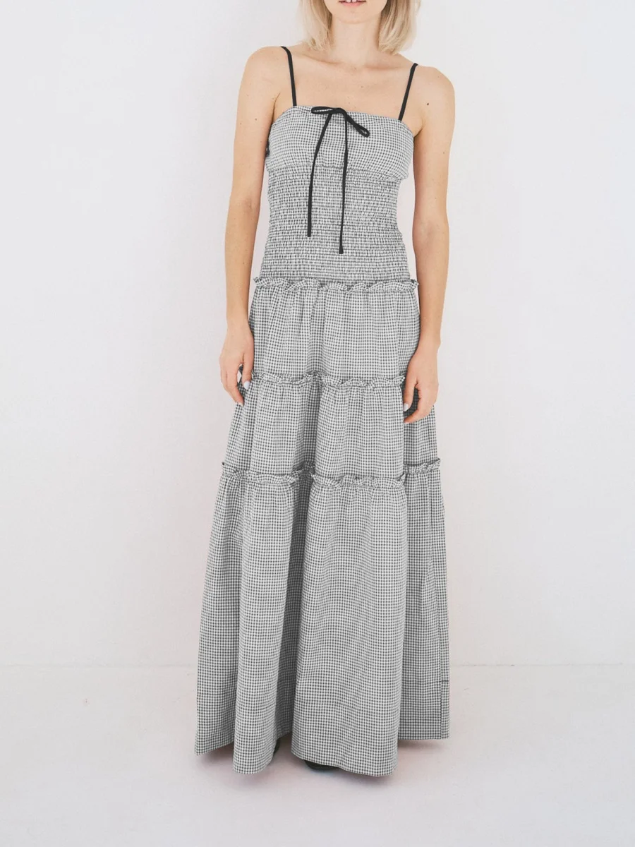 Women's Summer Long Cami Dress Sleeveless Open Back Tiered Striped Tie-up Strap Beach Dress