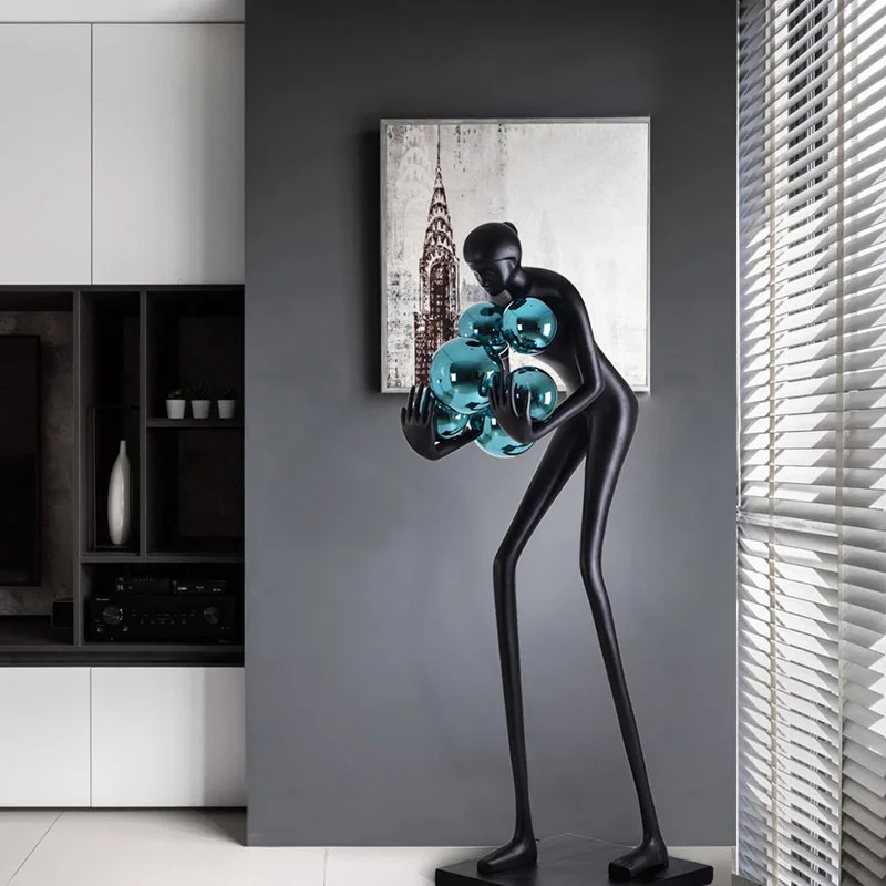 Decor Art Human Artistic Large Ornaments Hotel Modern Catch the Acrylic Ball Fiberglass Sculpture Floor Lamp