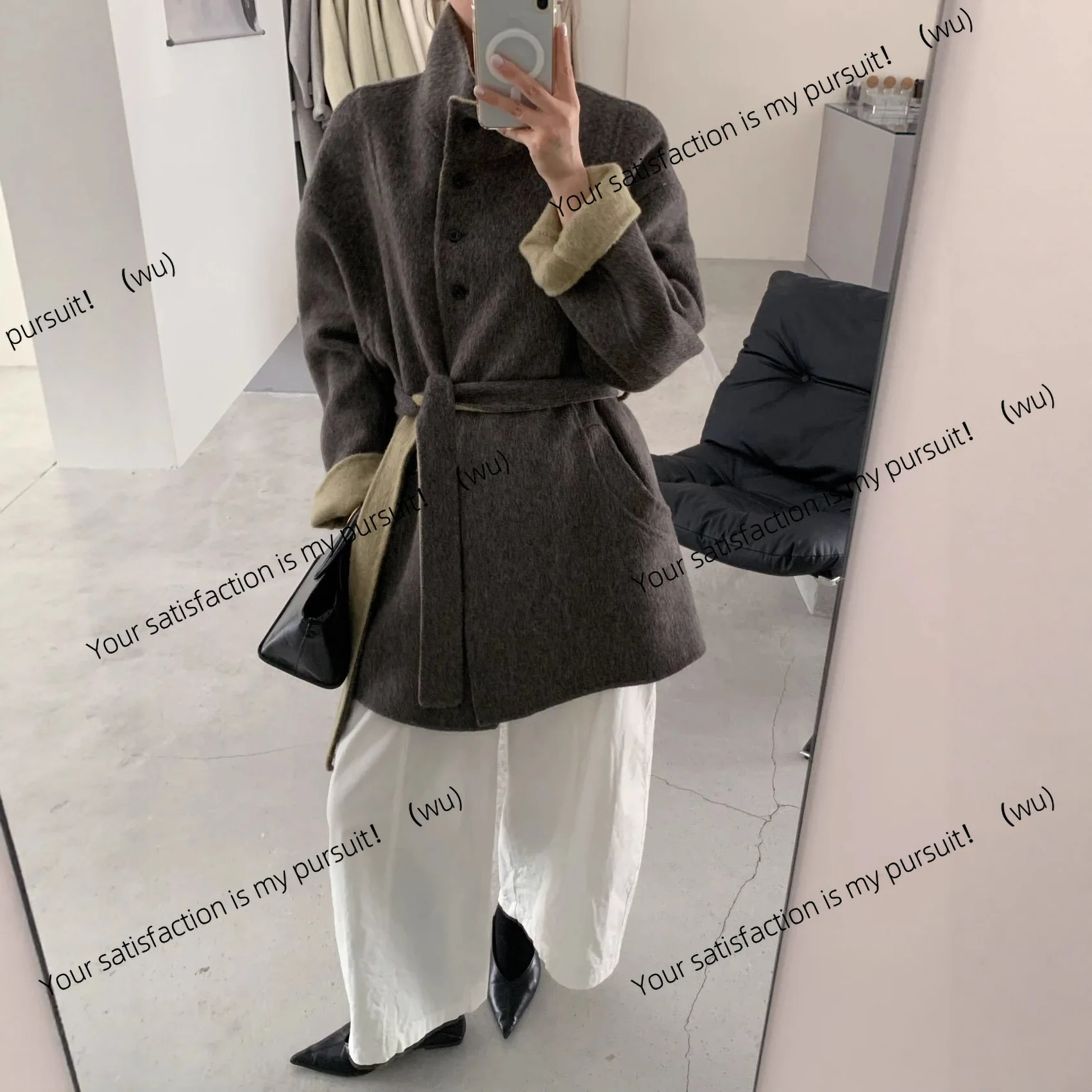 

Двустороннее шерстяное пальто премиум-класса, двухстороннее шерстяное пальто с воротником-стойкой, корейское утолщенное теплое свободное пальто среднего и длинного цвета