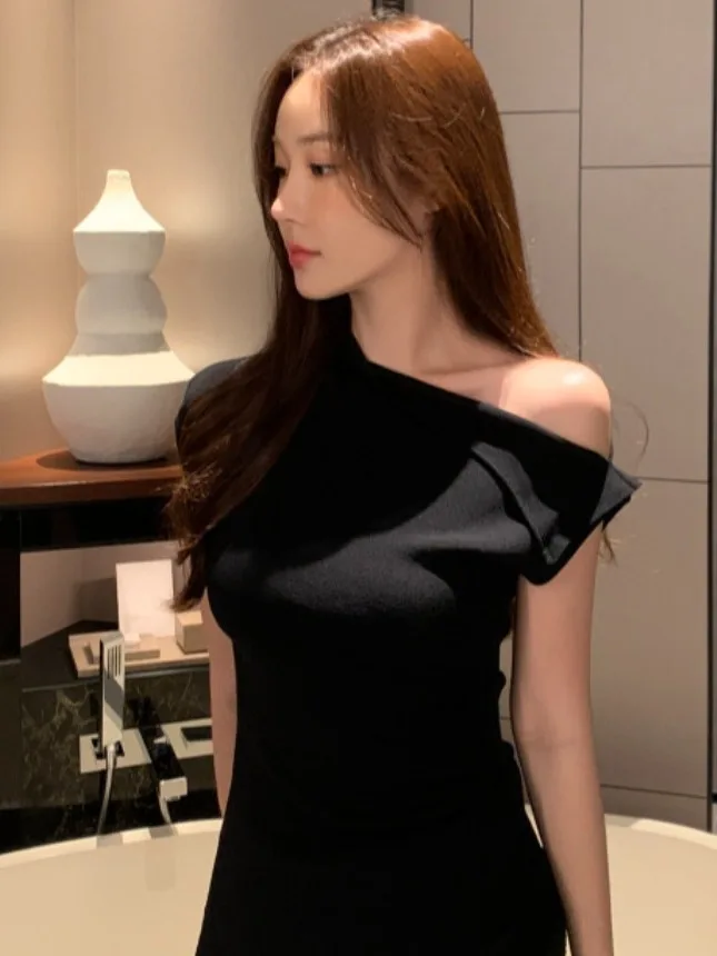 

Ele Summer New Sle Women's Knitted Top Long Sve Side Dstring Waist Cinching Asymmetrical Design Faionable