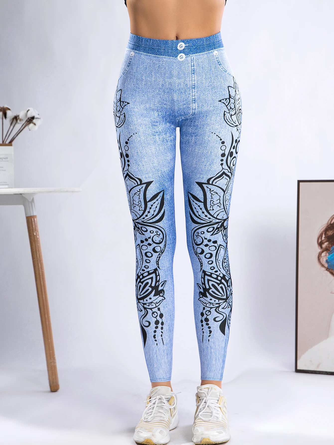 New Digital Printed High-waisted Imitation Denim Leggings For Women Europe And America Sexy High-stretch Tight Nine-point Pants