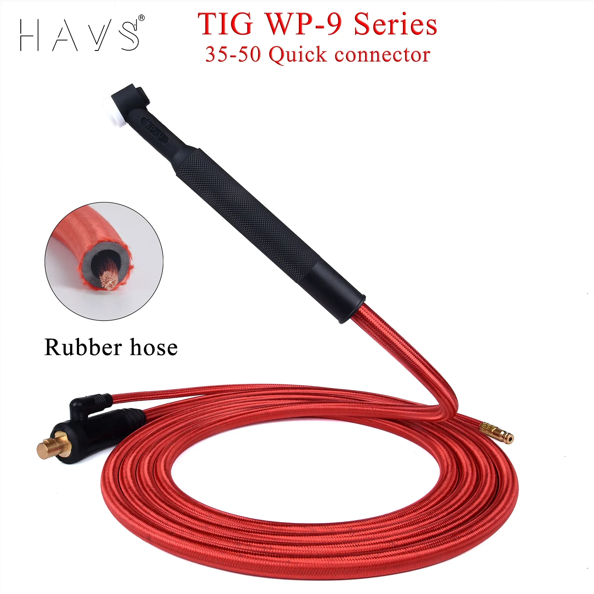 

4/7m WP9 TIG Welding Torch Gas-Electric Integrated Red Rubber Hose Cable Wires 5/8 UNF Quick Connector 35-50 Euro Connecto