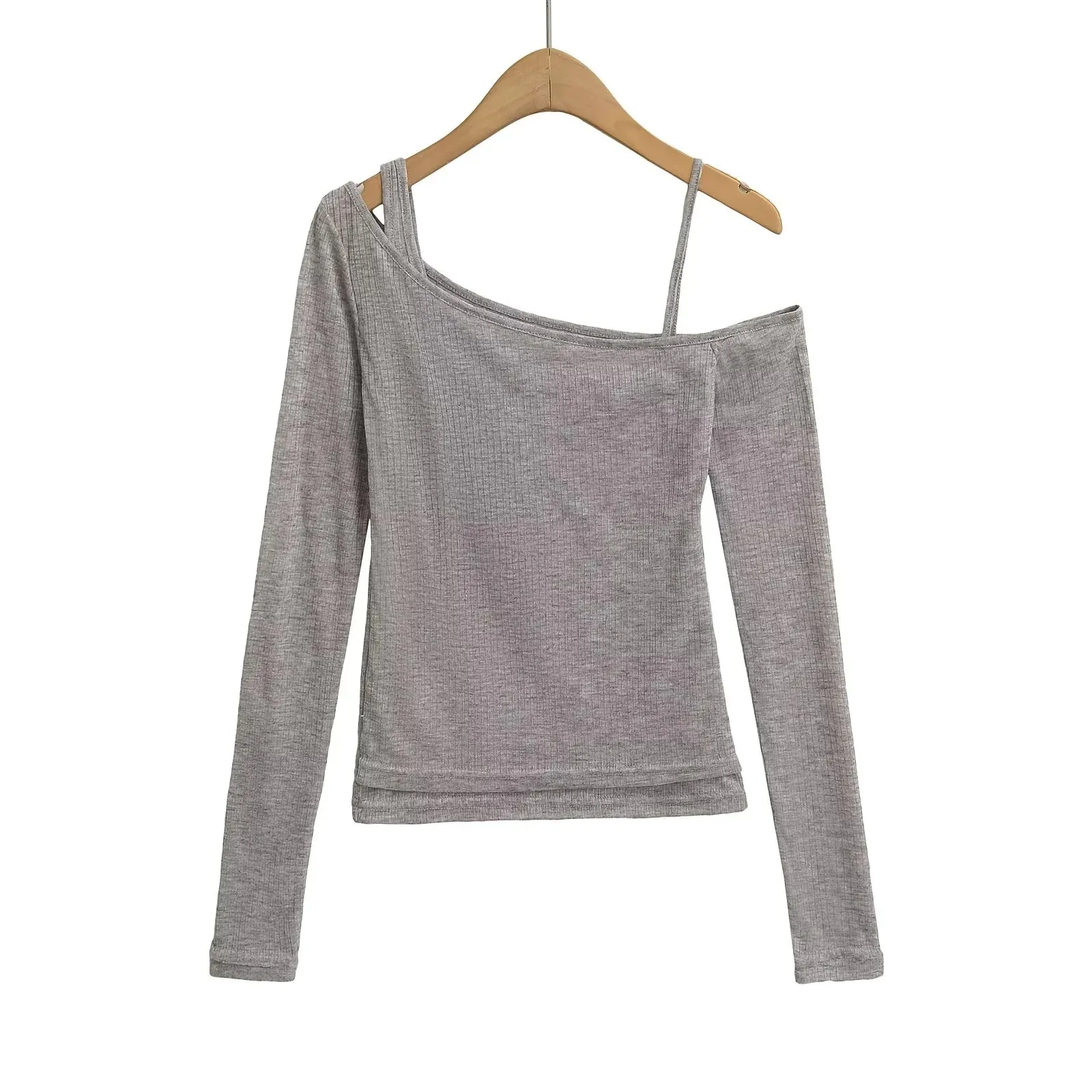 2025 Spring Design Long Sleeve T-Shirt for Women Slim-Fit Asymmetrical Neck Knit Top Thin Off-Shoulder Short Top   4ZRL