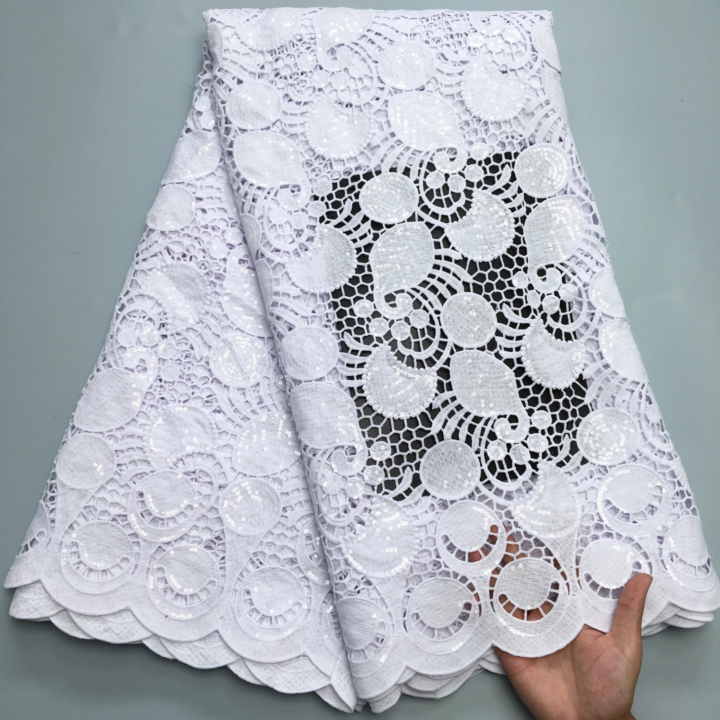 SJD LACE White Guipure Cord Lace Fabric 2024 Latest African Water Soluble Sequins Lace Nigeria Cord For Women Wedding Dress 3903