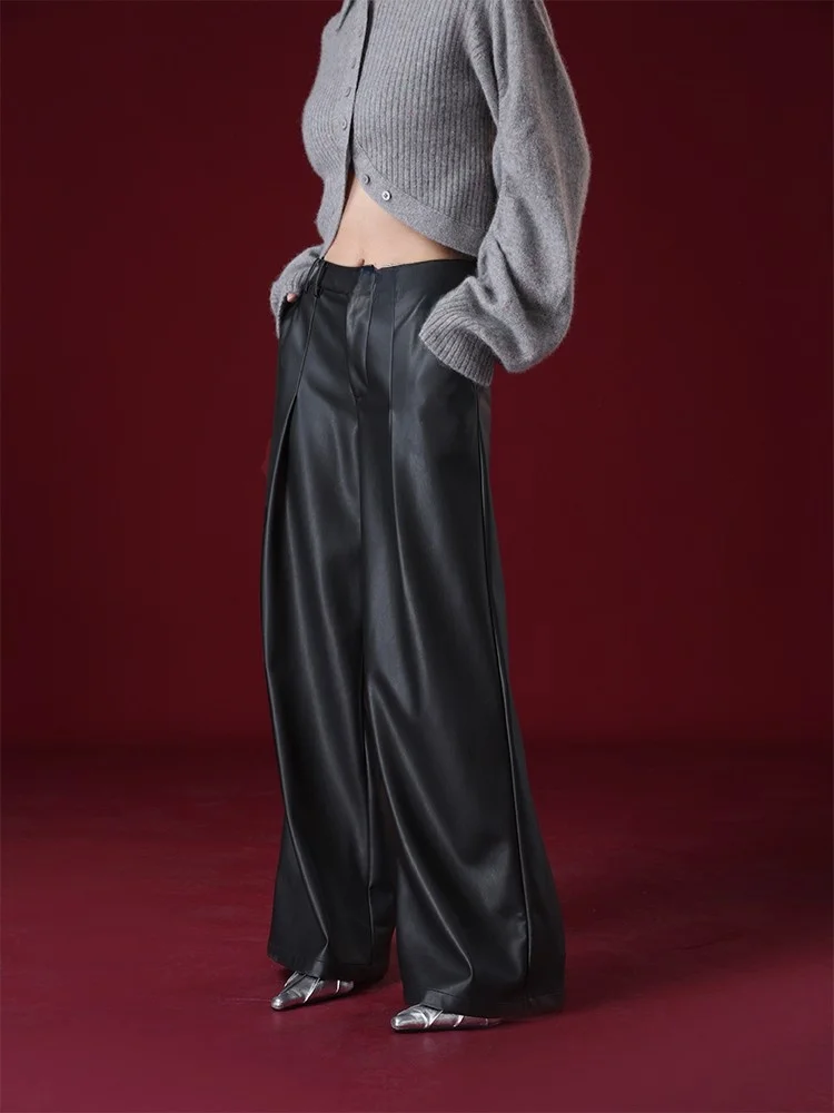 

Широкие прямые повседневные брюки из мягкой искусственной кожи для женщин, удобные для работы и отдыха, со свободным кроем