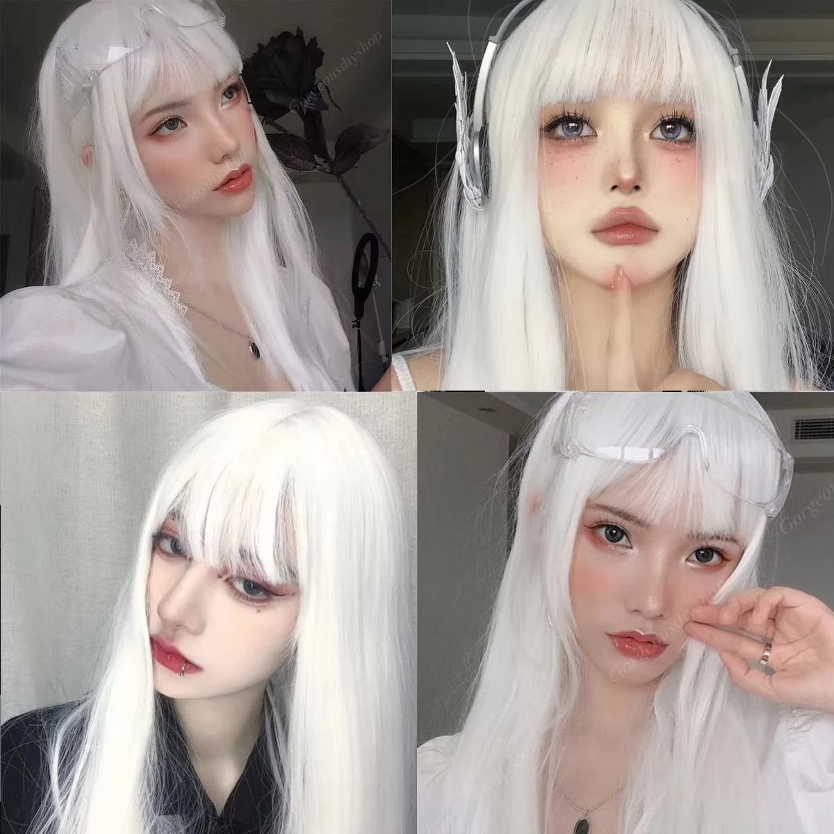 White Straight Hair Synthetic Wig - Halloween Party Cosplay Role-Playing Wig - Daily Wig - High-Temperature Silk Wig Set view 5