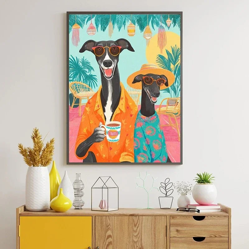 1pc frameless Modern Whimsical Animal Greyhound Print Poster Colorful Cute Dog Coffee Wall Art Canvas Painting for Living Room H