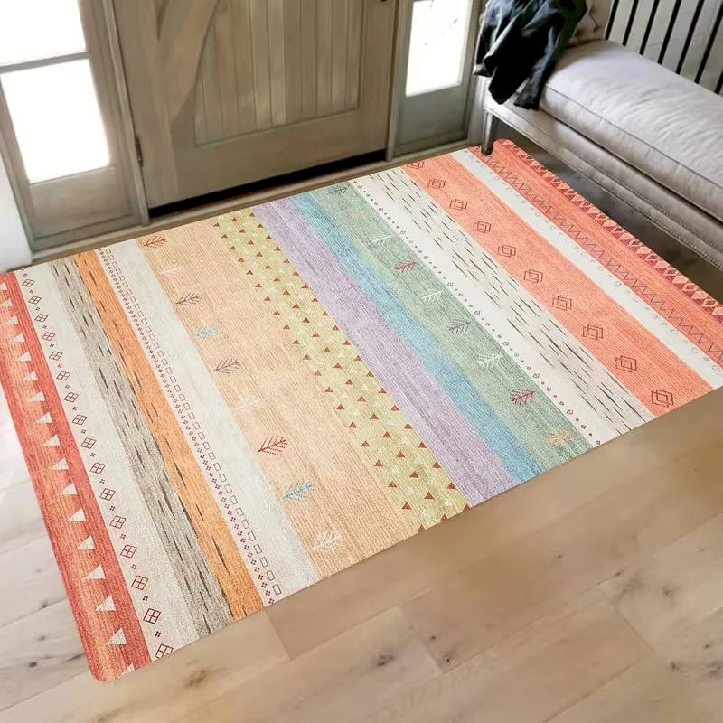 VIKAMA Boho Ethnic Area Rug Colorful Geometric Square Pattern Non‑Slip Rug for Living Room Bedroom Vintage Indoor Home Decor Mat