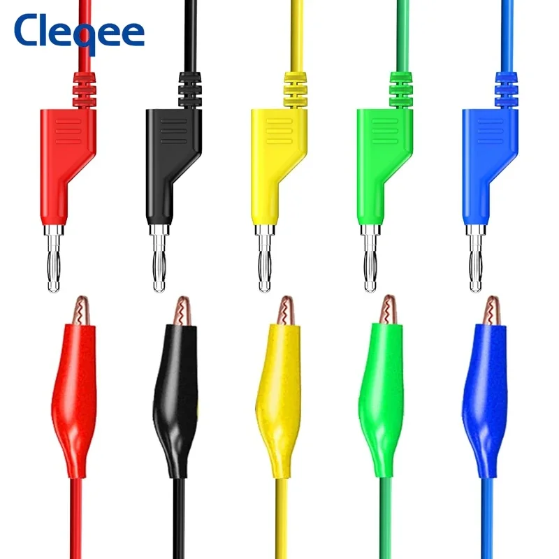 Cleqee P1044 5pcs 4mm Stackable Banana Plug to Alliagtor Clip Test Leads Crocodile Clamps Durable Multimeter Testing Cables 1M
