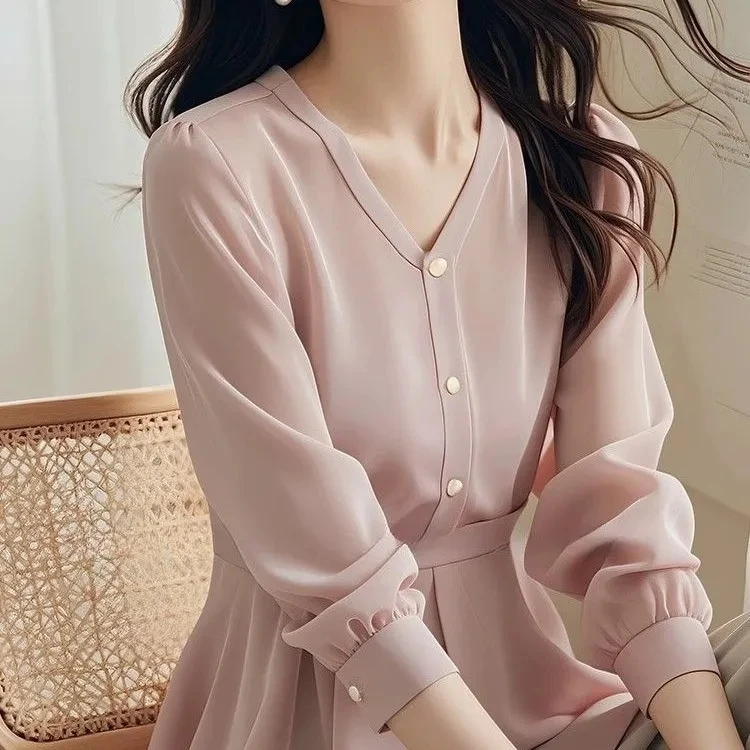 Ele V-Ne Long Sve Women's irt Unique Waist-Cinching Design Spring Autumn Sli Top Light Luxury Pink Color