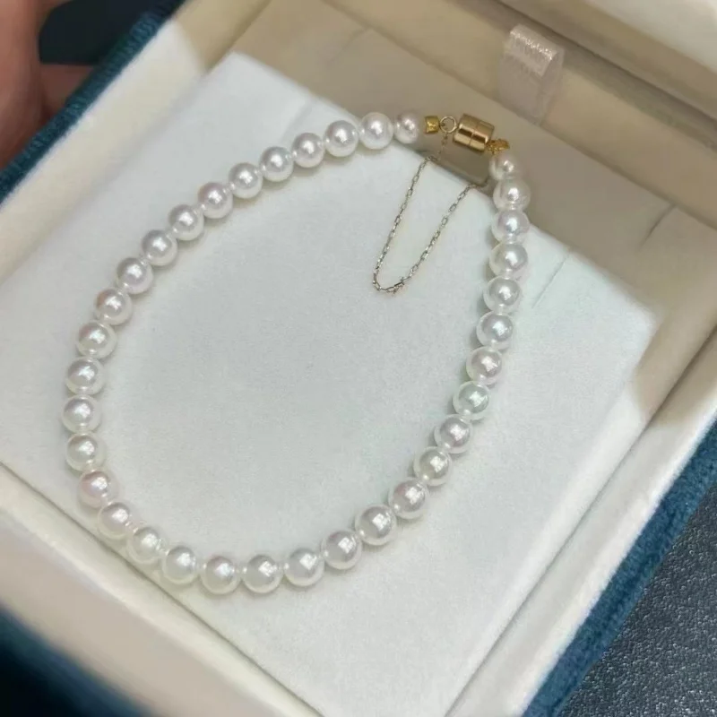 

SGARIT Natural Freshwater Round Pearl Bracelet 18K 14k S925 Magnetic Buckle AU750 Jewellery for Anniversary Wedding