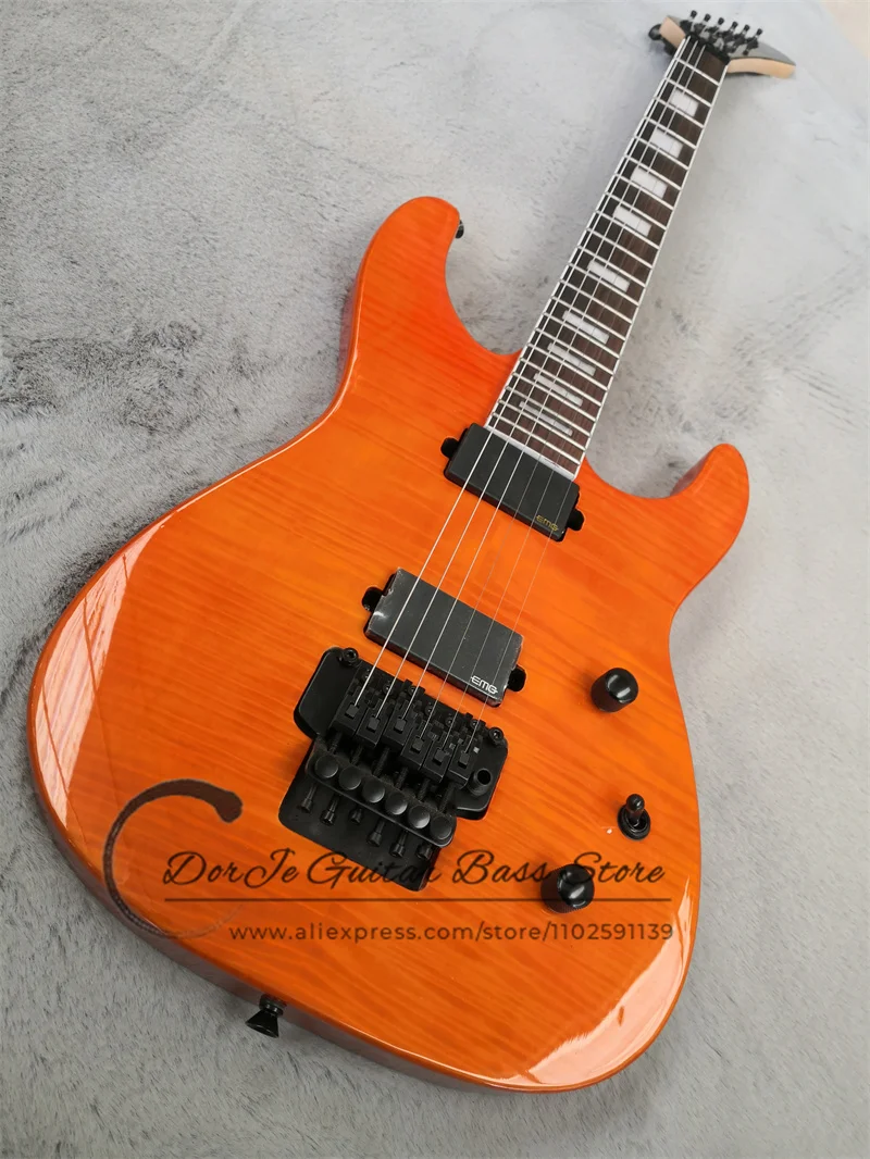 

Orange Elecgtric Guitar Tremolo Bridge Mahogany Body Flamed Maple Top Closed Pickups Black Tuners Maple Neck