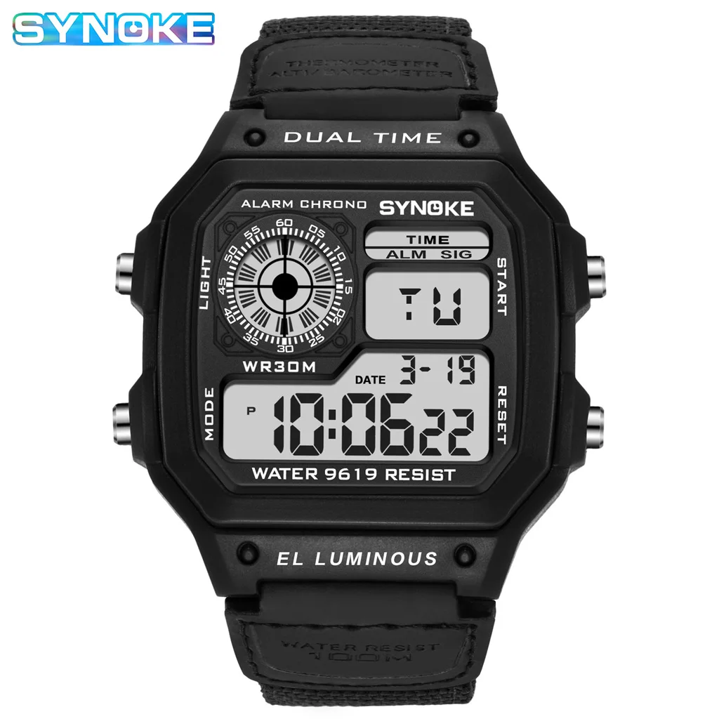 SYNOKE Nylon Canvas Strap Retro Digital Watch Luminous And Waterproof Sports Men Square Classic Student Outdoors Military Watch