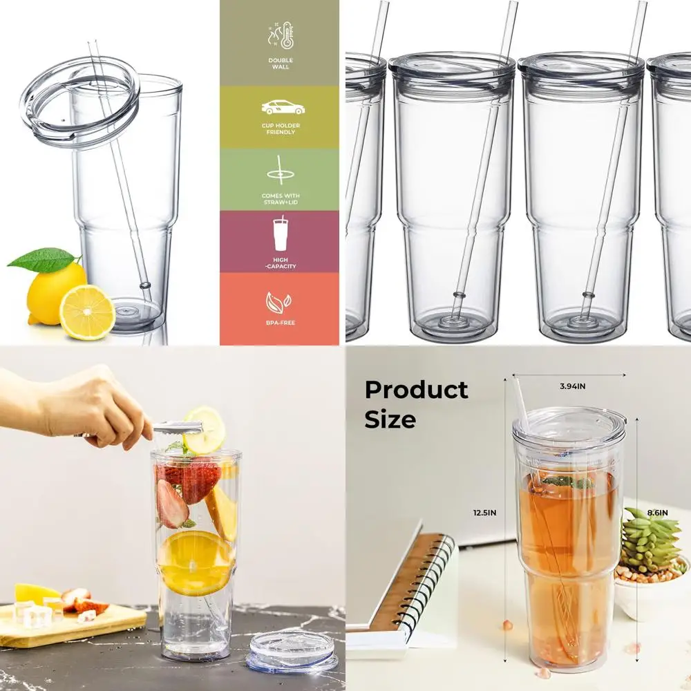 

4-Piece Set of 30oz Double-Walled Acrylic Tumblers with Lids and Straws for Cold Beverages