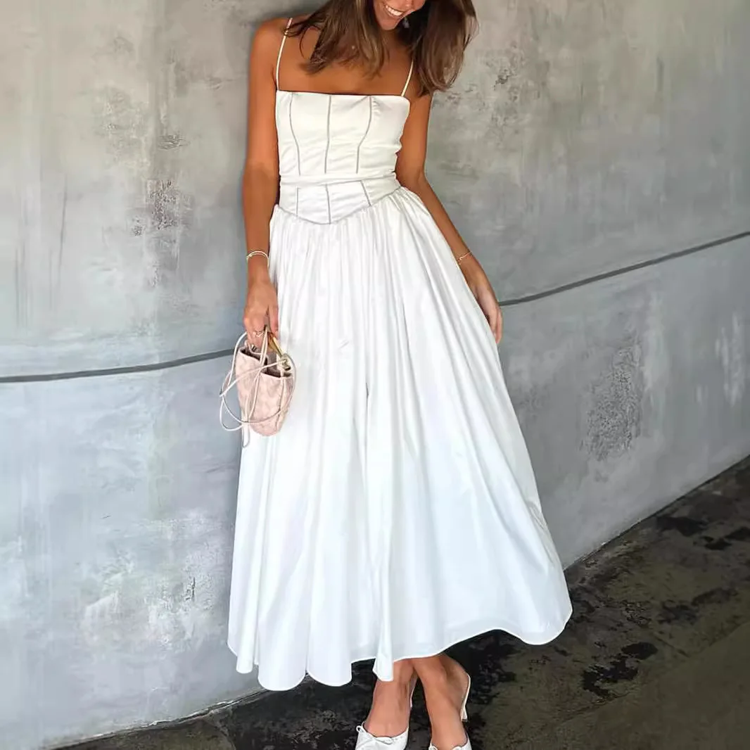 

Women's clothing sexy slim sling medium and long fashionable high-end white dress pure desire style simple temperament elegant v