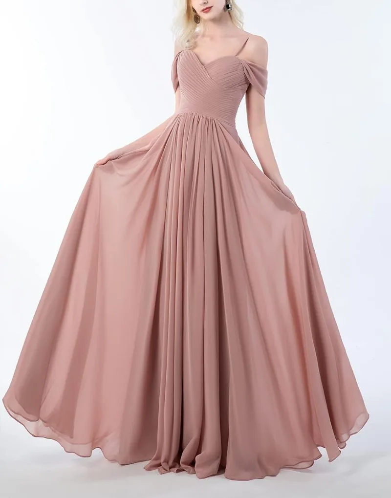 

Women's Off The Shoulder Bridesmaid Dresses with Pockets Chiffon Pleated Long Formal Evening Gowns 2024 Spring Party Dress